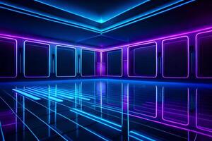 Abstract violet blue neon background. Dark empty room with glowing floor. photo