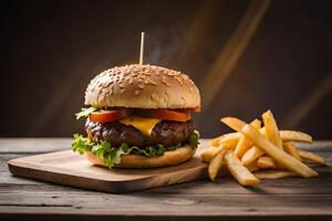 hamburger and french fries on black background photo