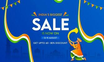 India Biggest Sale Banner Design with Discount Offer, Player and Indian Wavy Ribbon on Famous Monuments Background. vector