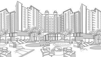 al aire libre playa residencial hotel, recurso con palma árboles, mesa, silla, piscina, mínimo realista estilo vector ilustración