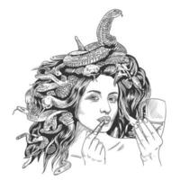 Hand-drawn beautiful snake hair woman doing makeup with mirror and lip stick vector concept art