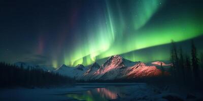 . Photo realistic illustration of aurora northern light. Adventure expidition vibe. . Graphic Art