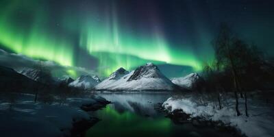 . Photo realistic illustration of aurora northern light. Adventure expidition vibe. . Graphic Art