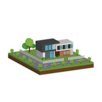 3D modern house and home. Isometric modern building and architecture with road, tree and fence . png