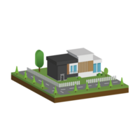 3D modern house and home. Isometric modern building and architecture with road, tree and fence . png
