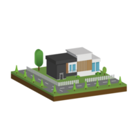 3d modern hus och Hem. isometrisk modern byggnad och arkitektur med väg, träd och staket . png