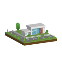 3D modern house and home. Isometric modern building and architecture with road, tree and fence . png