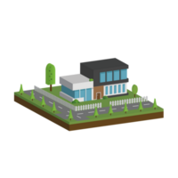 3D modern house and home. Isometric modern building and architecture with road, tree and fence . png