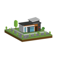 3D modern house and home. Isometric modern building and architecture with road, tree and fence . png