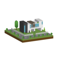 3D modern house and home. Isometric modern building and architecture with road, tree and fence . png