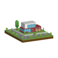 3D modern house and home. Isometric modern building and architecture with road, tree and fence . png