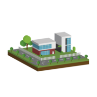 3D modern house and home. Isometric modern building and architecture with road, tree and fence . png