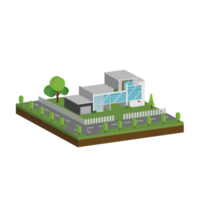 3D modern house and home. Isometric modern building and architecture with road, tree and fence . png