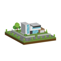 3D modern house and home. Isometric modern building and architecture with road, tree and fence . png