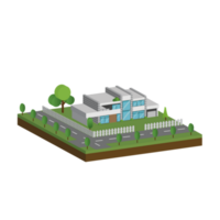 3D modern house and home. Isometric modern building and architecture with road, tree and fence . png