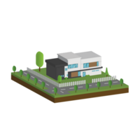 3D modern house and home. Isometric modern building and architecture with road, tree and fence . png