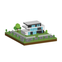 3D modern house and home. Isometric modern building and architecture with road, tree and fence . png