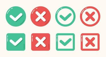 Set of green check mark and red cross. Approved and rejected badges in flat style. vector