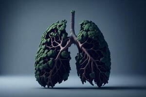 Human lungs with green leaves on blue background AI Generated photo