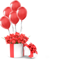 3D Rendering Gift With Bouquet Of Red Flowers And Balloons png