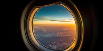 . . Photo realistic illustration of clouds above sky up in the air view through the air plane aircraft window. Adventure travel vacation vibe. Graphic Art