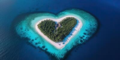 ai generado. ai generativo. aéreo zumbido foto realista ilustración de isla Maldivas en corazón forma. paraíso aventuras vacaciones tropical onda. gráfico Arte