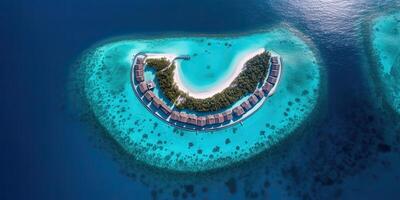 . . Aerial drone photo realistic illustration of island maldives in heart shape. Paradise adventure vacation tropical vibe. Graphic Art