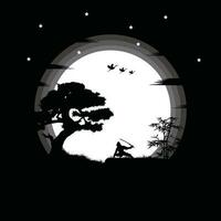 Ninja, Assassin, Samurai training at night on a full moon vector