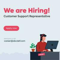 We are hiring. We are hiring customer support representative Social media post. Customer support associate hiring announcement post. A girl sitting on office desk wearing headset. CSR vector