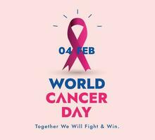 World cancer day. world cancer day awareness banner. 4 February world cancer day banner with purple ribbon on pink background. cancer awareness campaign. together we will fight and win. 4th February. vector