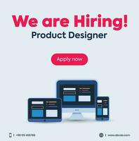 We are hiring. We are hiring product designer. Product designer hiring announcement banner with computer system. User interface designer jobs. Graphic Design Hire. Hire Post with mobile and tablet vector