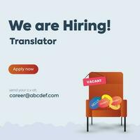 We are hiring. We are hiring language translator announcement. Hello in different languages. vector