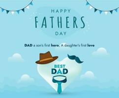 Happy Fathers Day Vector. World Fathers Day poster with tie, hat and mustache. Fathers Day Card Design. Happy dad day. Parenthood love and care. 18th June celebration. Father DAD Wish Celebration. vector