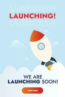 We are launching soon join now. Startup rocket launching with fire. Ready, Set, Launch. Announcement webpage featuring a rocket launching with fire We are coming. Join now to learn more. vector