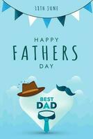 Happy Father's Day Vector. Happy fathers day poster with tie, hat and mustache. Father's Day Card Design. Happy dad day. Parenthood love and care. 18th June celebration. Father Day Wish Celebration. vector