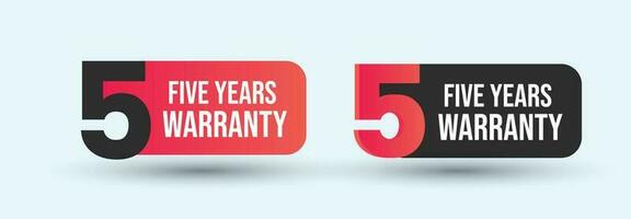 5 year warranty labels. Five Year warranty label in golden color. Warranty card stamp or banner for service provider. Stars and Five year label, tag, stamp. Fiv year warranty card. Three options tags. vector