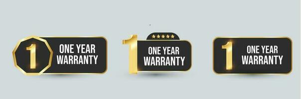 1 year warranty labels. One Year warranty label in golden color. Warranty card stamp or banner for service provider. Stars and One year label, tag, stamp. One year warranty card. Three options tags. vector