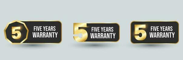 5 year warranty labels. Five Year warranty label in golden color. Warranty card stamp or banner for service provider. Stars and Five year label, tag, stamp. Fiv year warranty card. Three options tags. vector