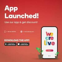 App launch. Mobile app live now banner or cover. We are launching our mobile application. Mobile app launch. app launch event. use our app and get a discount. App is live. Download the app now. vector