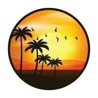 Sunset on a Beach with palm tree and mountain vector illustration