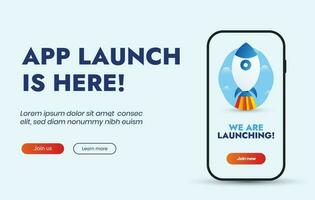App launch. App Launch event post template with rocket in mobile screen. Mobile App launching announcement post, banner, cover. Startup rocket launch. New Mobile application launch event post. vector