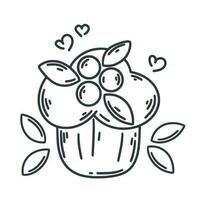 Cupcake with berries and mint leaves doodle illustration vector