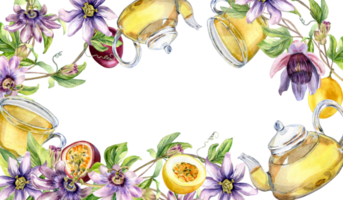 Rahmen von Glas Teekanne und Tasse, Leidenschaft Blume, Stengel Aquarell Illustration. Kräuter- Tee, Gesundheit trinken, maracuja, Blume Hand gezeichnet. Design zum Verpackung, Speisekarte, Verpackung, Tafel. png