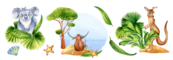 conjunto de dibujos animados animales acuarela ilustración. linda australiano coala, toro, canguro, tropical palma hoja mano dibujado. diseño para imprimir, fondo de pantalla, textil, infantil pegatina, póster. png