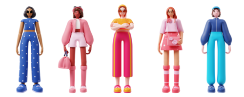 3d cinco moderno joven muchachas personaje. png