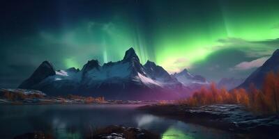 . Photo realistic illustration of aurora northern light. Adventure expidition vibe. . Graphic Art