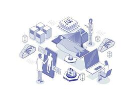 The innovative concept of healthcare involves an AI robot utilizing medical applications to examine a patient, artificial intelligence in healthcare lineal isometric illustration vector