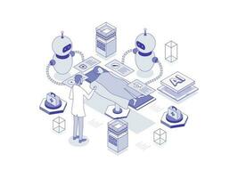 enfermería asistentes por robótica tecnología, contribuyendo a eficiencia y eficacia de cuidado de la salud servicios. artificial inteligencia en cuidado de la salud lineal isométrica ilustración. vector