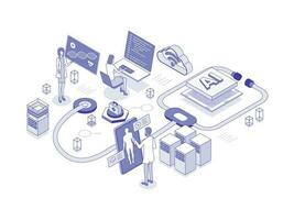 Doctors and researchers using innovative technologies for medicine and healthcare, artificial intelligence in healthcare lineal isometric illustration vector