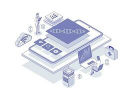 Predictive analytics in healthcare, utilizing data and statistical algorithms to forecast patient outcomes. Artificial intelligence in healthcare lineal isometric illustration vector